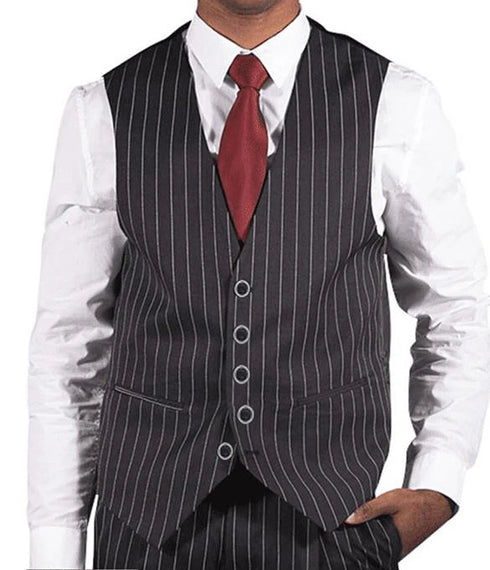 (46R) Black Regular Fit 5 Button Pinstripe Vest