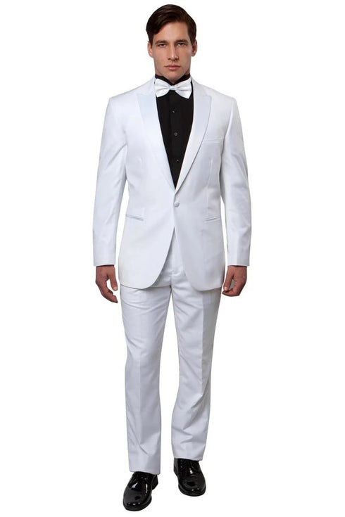 All White Mens Tuxedo - Wedding Suit - Men's Slim Fit One Button Peak Lapel Wedding Tuxedo In White