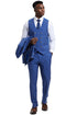 Men's Stacy Adam's One Button Vested Peak Lapel Business Suit in Navy Blue Plaid