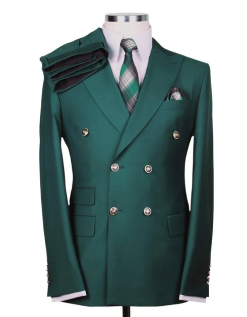 Mens Designer Double Breasted Wool Suit with Gold Buttons in Hunter Green