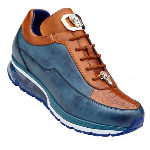 Belvedere Flash Antique Blue Safari Almond Genuine Ostrich Soft Italian Calf Skin Sneakers