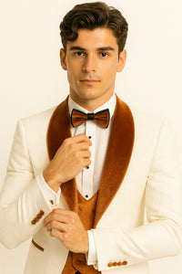 Marco Lorenzo Premium Paisley Burnt Orange Velvet 4pc Suit W/ Matching Bowtie