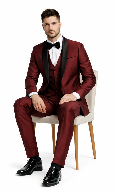Men’s Versailles Burgundy Tuxedo 3-Piece Set with Shawl Lapel