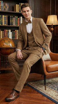 Mens Mocca Brown Taupe textured 1920s Great Gatsby Inspired Suit – Vintage Three Piece Retro Formal Suit Peak Lapel