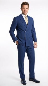 Vitali Mens Blue Tone on Tone Shadow Pinstripe Suit Set – Double Breasted Business Modern Fit Side Vented