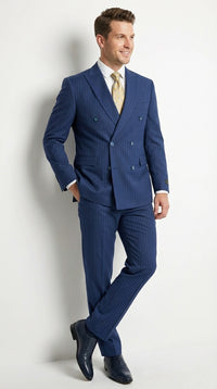 Vitali Mens Blue Tone on Tone Shadow Pinstripe Suit Set – Double Breasted Business Modern Fit Side Vented