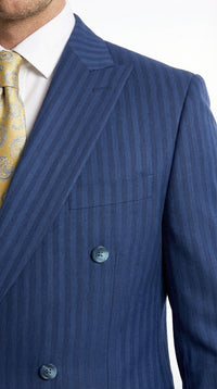 Vitali Mens Blue Tone on Tone Shadow Pinstripe Suit Set – Double Breasted Business Modern Fit Side Vented