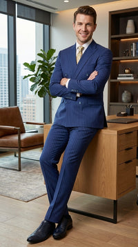 Vitali Mens Blue Tone on Tone Shadow Pinstripe Suit Set – Double Breasted Business Modern Fit Side Vented