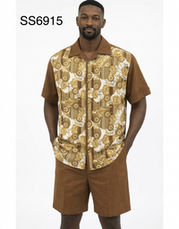 Men’s Brown Baroque Print Short Set – 2 Piece Casual Summer Outfit
