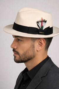 Gangster 100% Austrailian Wool Crushable Mens Fedora Hat - Removable Feather Gangster White/Black Mens Fedora Hat