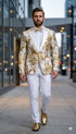 Mens White and Gold Floral Tuxedo Jacket with Satin Lapel – Luxury Prom, Wedding, and Formal Dinner Blazer