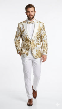 Mens White and Gold Floral Tuxedo Jacket with Satin Lapel – Luxury Prom, Wedding, and Formal Dinner Blazer