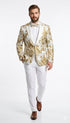 Mens White and Gold Floral Tuxedo Jacket with Satin Lapel – Luxury Prom, Wedding, and Formal Dinner Blazer