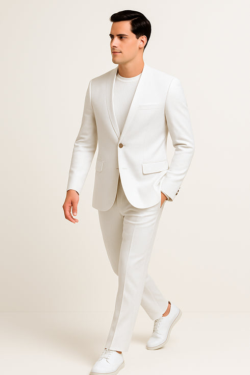 White Linen Suit For Summer - Collarless Blazer and Pants Collarless Lapel - No Lapel Casual!
