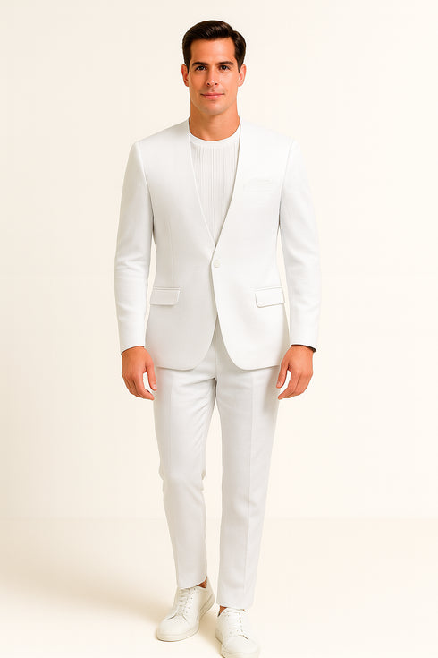White Linen Suit For Summer - Collarless Blazer and Pants Collarless Lapel - No Lapel Casual!