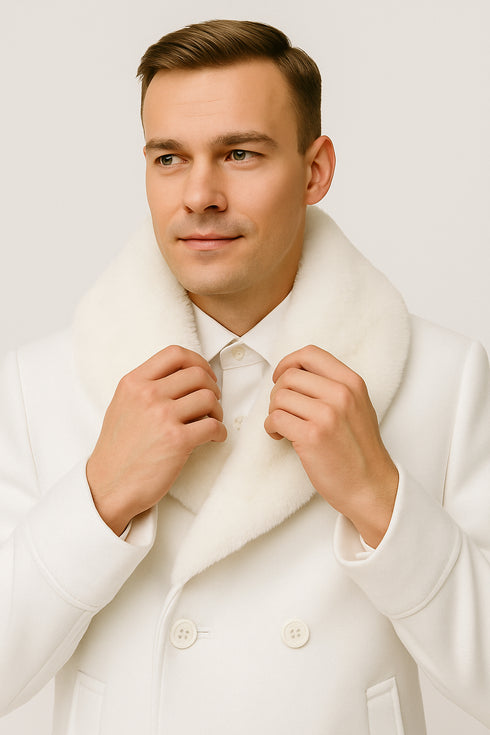 Mens White Peacoat Double-Breasted Overcoat with Faux Fur Shawl Collar – Alberto Nardoni Collection Wool Fabric