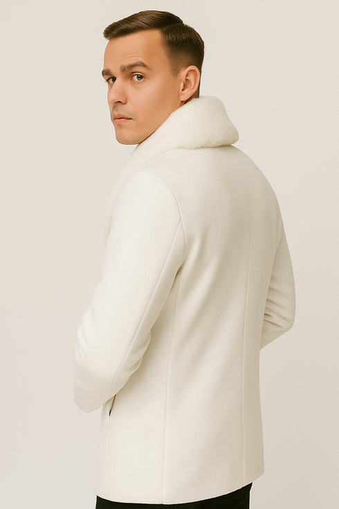 Mens White Peacoat Double-Breasted Overcoat with Faux Fur Shawl Collar – Alberto Nardoni Collection Wool Fabric