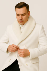 Mens White Wool Overcoat with Plush Faux Fur Shawl Collar – Alberto Nardoni Formal Winter Coat