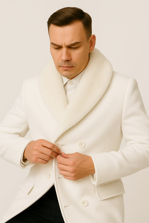 Mens White Wool Overcoat with Plush Faux Fur Shawl Collar – Alberto Nardoni Formal Winter Coat