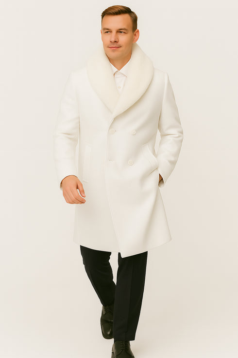 Mens White Wool Overcoat with Plush Faux Fur Shawl Collar – Alberto Nardoni Formal Winter Coat