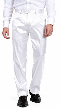 Mens Shiny Stretch Pants Solid Color Slim Fit Sateen Flashy Metallic Slacks in Color "White"