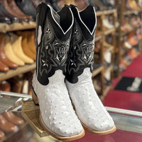 Mens White Diamond Boot White Boots Ostrich Print Square Toe