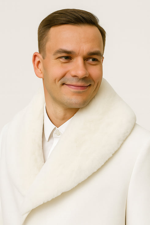Mens White Wool Overcoat with Plush Faux Fur Shawl Collar – Alberto Nardoni Formal Winter Coat