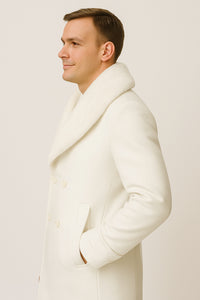 Mens White Wool Overcoat with Plush Faux Fur Shawl Collar – Alberto Nardoni Formal Winter Coat