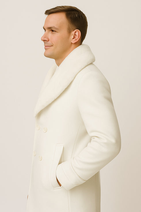 Mens White Wool Overcoat with Plush Faux Fur Shawl Collar – Alberto Nardoni Formal Winter Coat