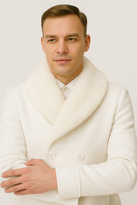 Mens White Wool Overcoat with Plush Faux Fur Shawl Collar – Alberto Nardoni Formal Winter Coat