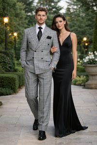 Suits With Baggy Pleated Pants - Wide Leg Pants 100% Wool - Classic Fit in Black and White Plaid Color by Rossiman