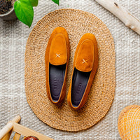 Zelli Sueded Goatskin Loafer with Crocodile Vamp in Cognac