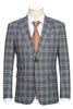 Mens Designer Slim Fit Peak Lapel Suit in Grey Windowpane Plaid