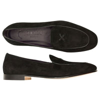 Zelli Hand-Stitched Sueded Goatskin Loafer with Crocodile Vamp in Black