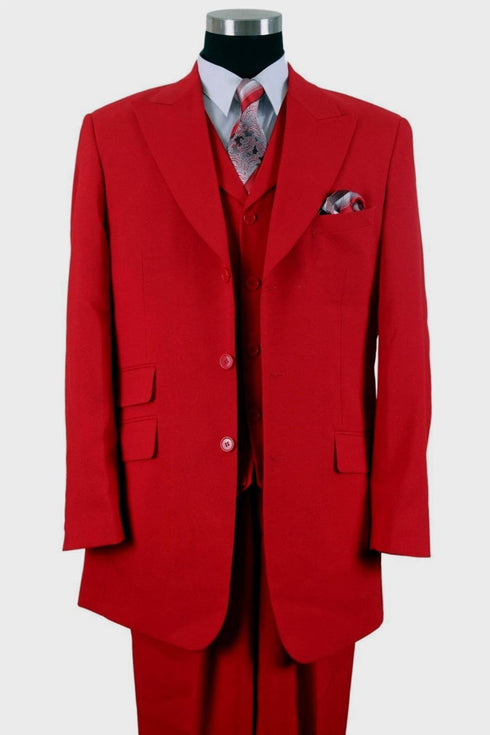 Mens 3 Button Vested Wide Peak Lapel Suit with Semi-Wide Pants in Red