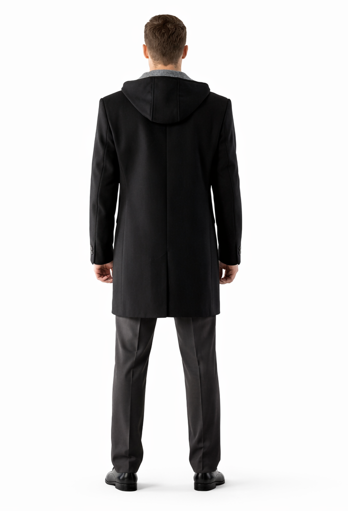 Hooded Dress Coat Wool Black ~ Charcoal Winter Coat Mens Topcoat