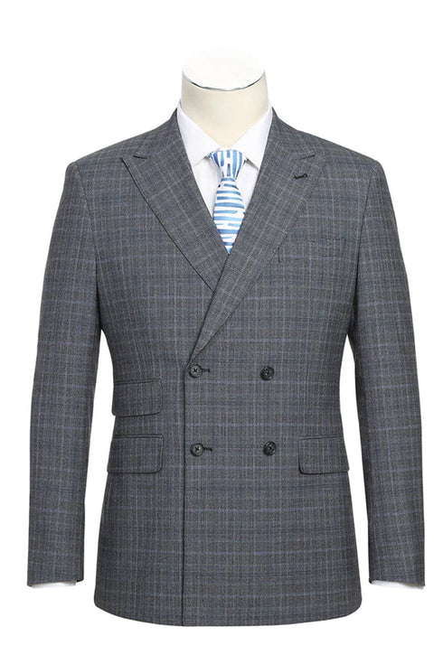 Mens Designer Slim Fit Double Breasted Suit in Light Grey Windowpane Plaid Check