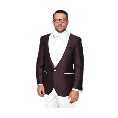 Mens Alberto Nardoni white shawl lapel one button shiny plum tuxedo