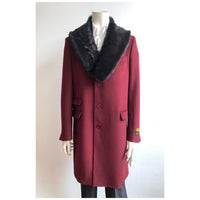 Men's Burgundy Fur Collar Two Flap Front Pockets Full Length Wool Men's Carcoat - Car Coat Mid Length Three Quarter Length Coat