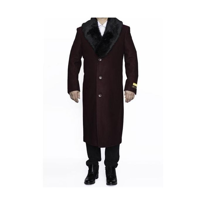 Rust Removable Fur Collar Full Length Wool Ankle length Dress Top Coat/Overcoat - Mens Overcoat