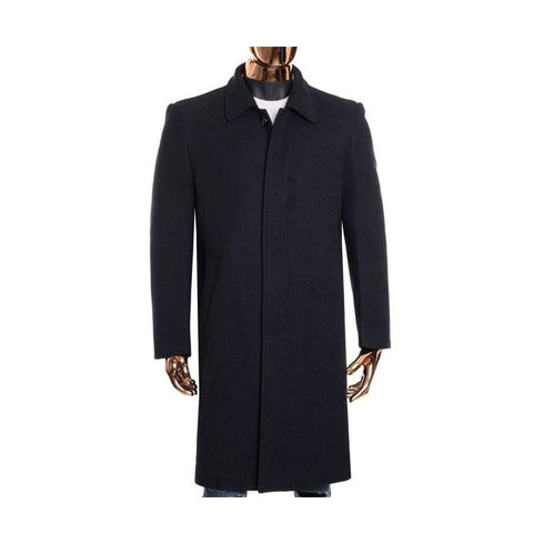 Mens grey zip up closure knee length long sleeve collared wool jacket