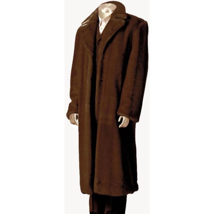 Mens Overcoat Mens Dress Coat Faux Fur Full Length Coat Brown OvercoatUSA