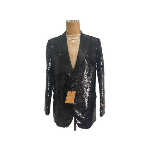 Mens Peak Lapel One Chest Pocket Black Sequin Blazer