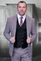 Men's Designer Wool Modern Fit Wide Peak Lapel Vested Suit in Burgundy Houndstooth Micro Plaid