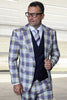 Men's Designer One Button Peak Lapel Italian Wool Suit with Double Breasted Vest in Sapphire Blue Plaid