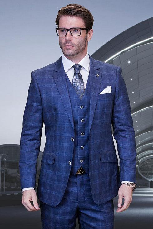 Men's Designer Wool Two Button Vested Modern Fit Plaid Suit in Indio Blue