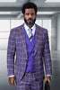 Men's Designer One Button Peak Lapel Italian Wool Suit with Double Breasted Vest in Purple Plaid