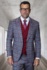 Men's Designer One Button Peak Lapel Italian Wool Suit with Double Breasted Vest in Grey Plaid