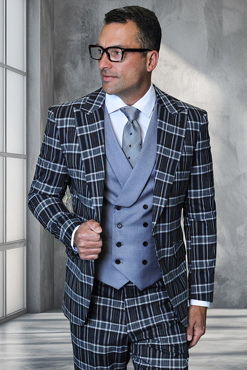 Men's Designer One Button Peak Lapel Italian Wool Suit with Double Breasted Vest in Black Windowpane Plaid