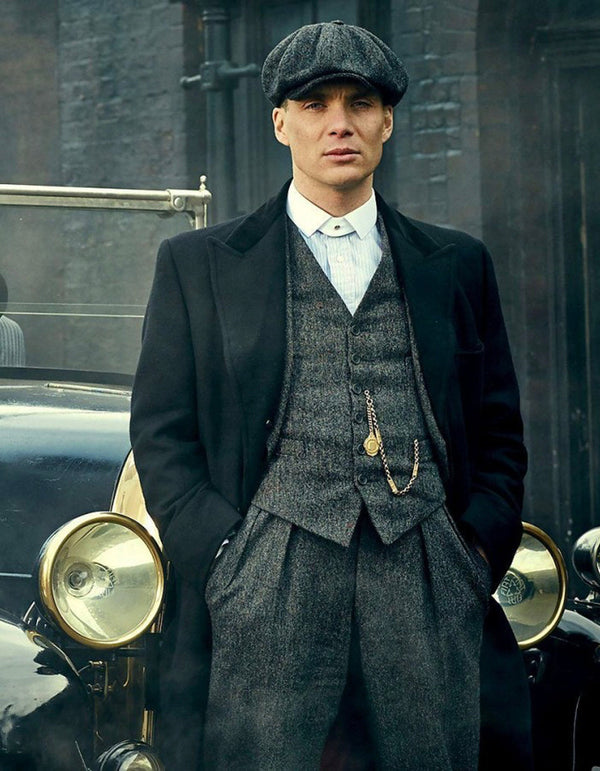 Mens Costume Thomas Shelby Grey 3 Piece Suit with Black Overcoat & Hat